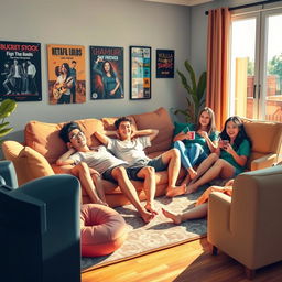 A group of friends relaxing together in a cozy living room setting