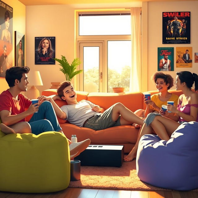 A group of friends relaxing together in a cozy living room setting