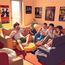 A group of friends relaxing together in a cozy living room setting