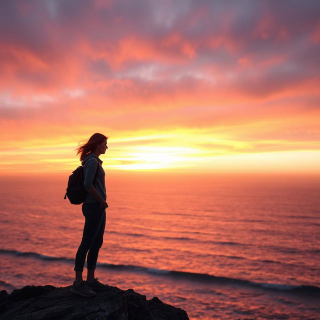 A solitary figure standing on a rocky cliff, overlooking a vast ocean at sunset