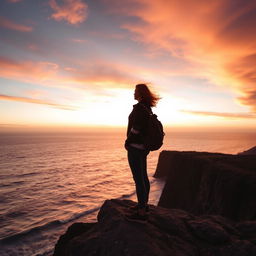 A solitary figure standing on a rocky cliff, overlooking a vast ocean at sunset