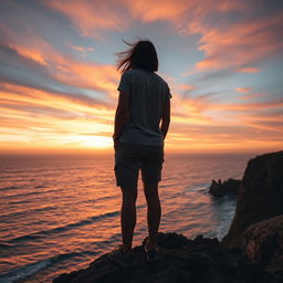 A solitary figure standing on a rocky cliff, overlooking a vast ocean at sunset