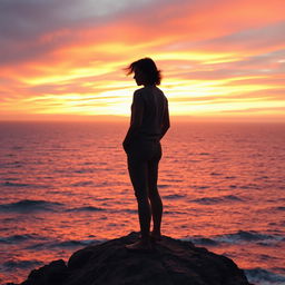 A solitary figure standing on a rocky cliff, overlooking a vast ocean at sunset