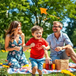 A joyful family scene featuring a young boy, around 8 years old, playing in a sunny park