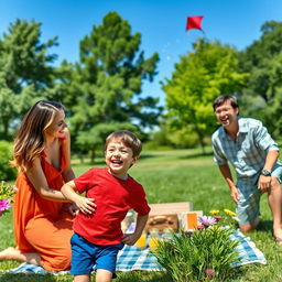 A joyful family scene featuring a young boy, around 8 years old, playing in a sunny park