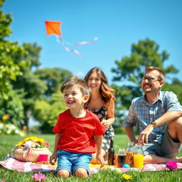 A joyful family scene featuring a young boy, around 8 years old, playing in a sunny park