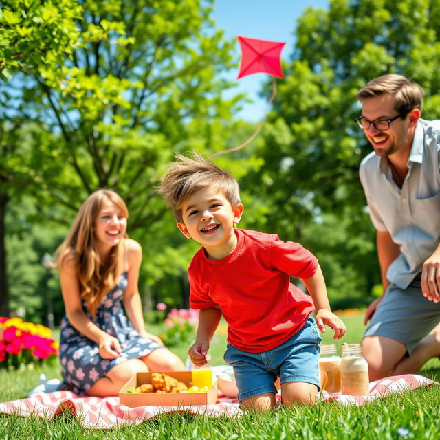 A joyful family scene featuring a young boy, around 8 years old, playing in a sunny park