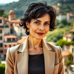 A 40-year-old woman with dark hair and distinctive Italian features, fully dressed in sophisticated and stylish clothing that embodies her cultural elegance