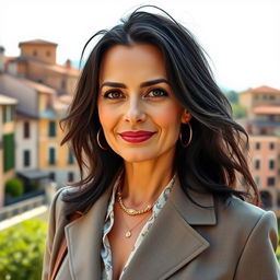 A 40-year-old woman with dark hair and distinctive Italian features, fully dressed in sophisticated and stylish clothing that embodies her cultural elegance