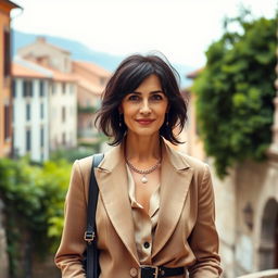 A 40-year-old woman with dark hair and distinctive Italian features, fully dressed in sophisticated and stylish clothing that embodies her cultural elegance
