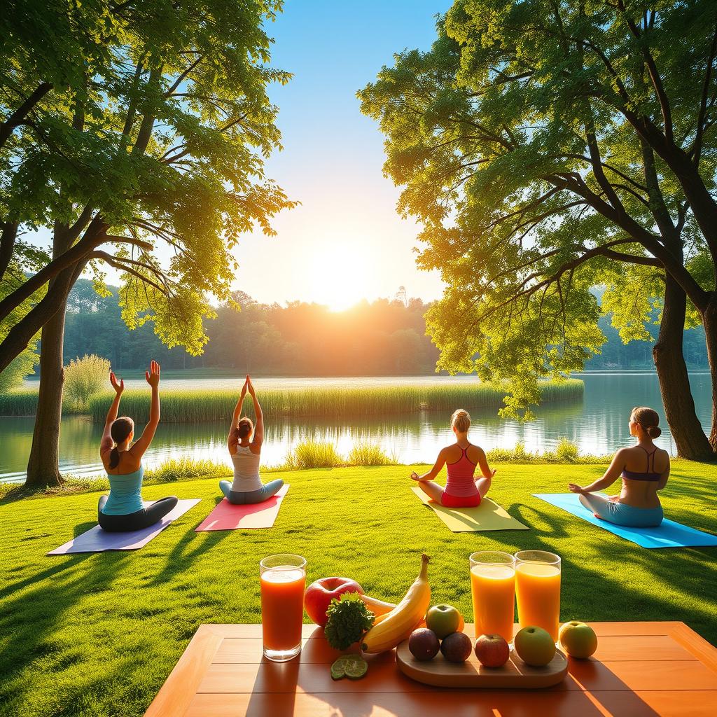 A vibrant and inspiring wellness-themed image featuring a serene setting with lush green trees and a peaceful lake at sunrise
