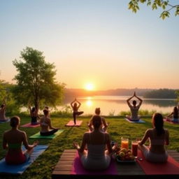 A vibrant and inspiring wellness-themed image featuring a serene setting with lush green trees and a peaceful lake at sunrise