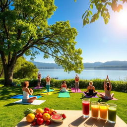 A vibrant and inspiring wellness-themed image featuring a serene setting with lush green trees and a peaceful lake at sunrise