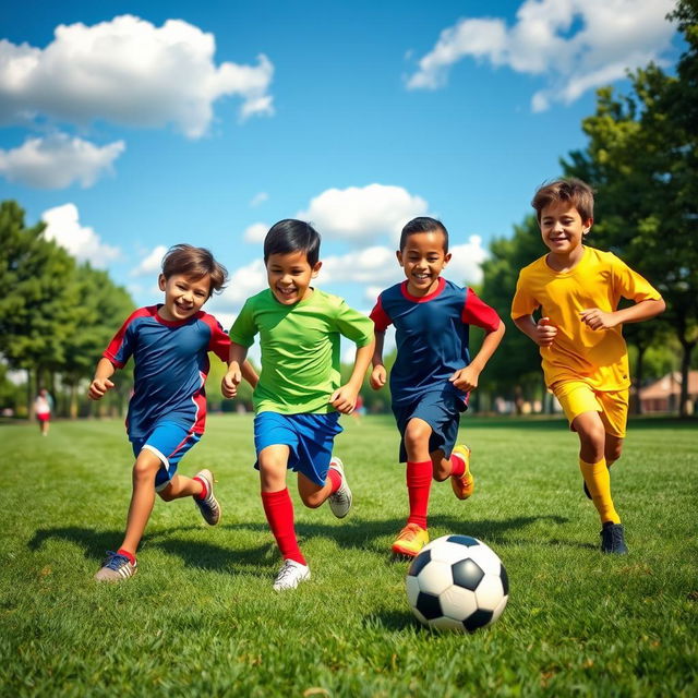 A dynamic scene featuring four boys of diverse backgrounds playing soccer on a sunny day at a local park