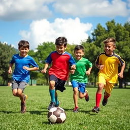 A dynamic scene featuring four boys of diverse backgrounds playing soccer on a sunny day at a local park