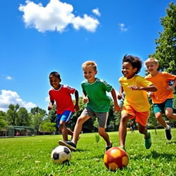A dynamic scene featuring four boys of diverse backgrounds playing soccer on a sunny day at a local park