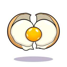 A whimsical cartoon-style illustration of two halves of a broken eggshell, with soft white egg whites resembling a fried egg placed in the middle