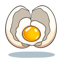 A whimsical cartoon-style illustration of two halves of a broken eggshell, with soft white egg whites resembling a fried egg placed in the middle
