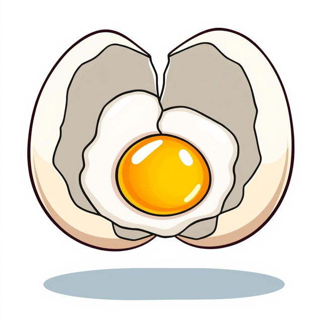 A whimsical cartoon-style illustration of two halves of a broken eggshell, with soft white egg whites resembling a fried egg placed in the middle