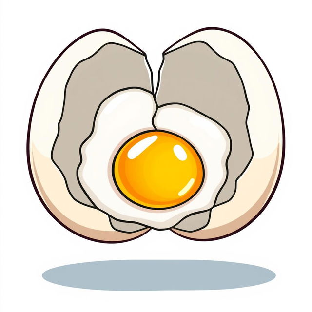 A whimsical cartoon-style illustration of two halves of a broken eggshell, with soft white egg whites resembling a fried egg placed in the middle