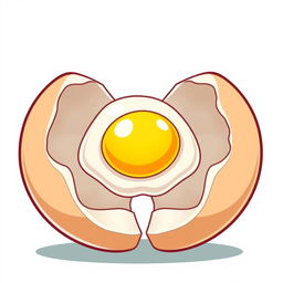 A whimsical cartoon-style illustration of two halves of a broken eggshell, with soft white egg whites resembling a fried egg placed in the middle