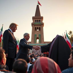A symbolic meeting scene featuring the President of the United States and the King of Iran in Tehran's Azadi Square
