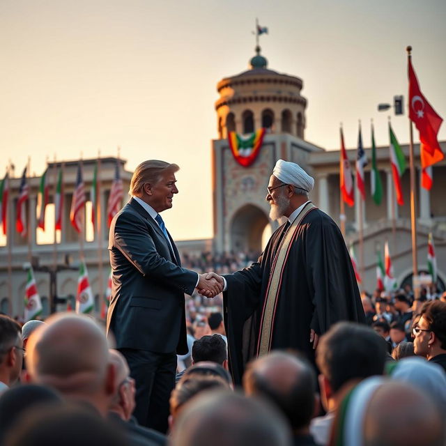 A symbolic meeting scene featuring the President of the United States and the King of Iran in Tehran's Azadi Square