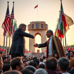 A symbolic meeting scene featuring the President of the United States and the King of Iran in Tehran's Azadi Square