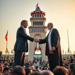 A symbolic meeting scene featuring the President of the United States and the King of Iran in Tehran's Azadi Square