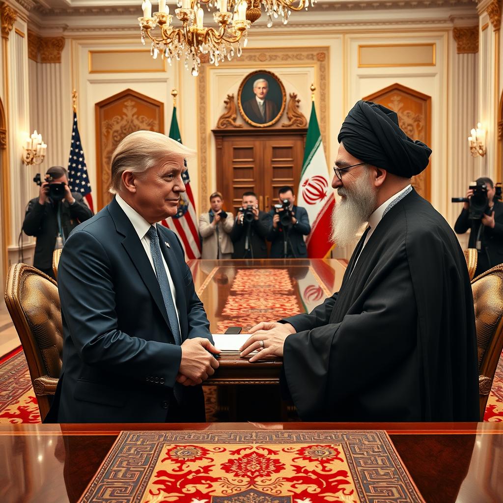 A historic meeting scene featuring the President of the United States and Ayatollah Ali Khamenei, taking place in a grand, ornate conference room with an international feel