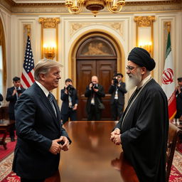 A historic meeting scene featuring the President of the United States and Ayatollah Ali Khamenei, taking place in a grand, ornate conference room with an international feel