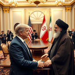 A historic meeting scene featuring the President of the United States and Ayatollah Ali Khamenei, taking place in a grand, ornate conference room with an international feel