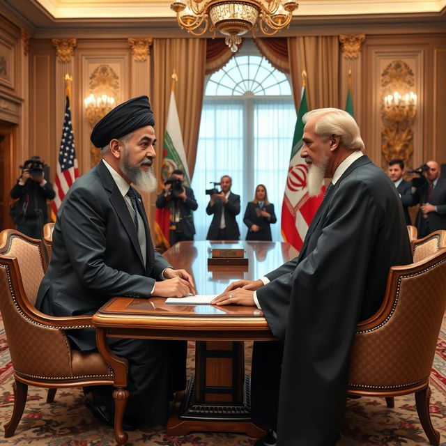 A historic meeting scene featuring the President of the United States and Ayatollah Ali Khamenei, taking place in a grand, ornate conference room with an international feel