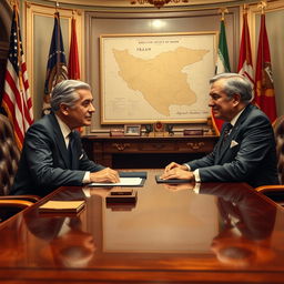 A detailed and vivid meeting between the President of the United States and Reza Pahlavi, set in an opulent office filled with historical artifacts and flags