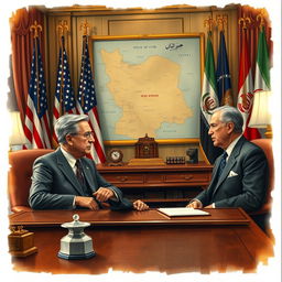 A detailed and vivid meeting between the President of the United States and Reza Pahlavi, set in an opulent office filled with historical artifacts and flags