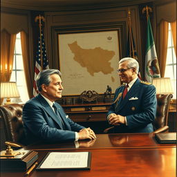 A detailed and vivid meeting between the President of the United States and Reza Pahlavi, set in an opulent office filled with historical artifacts and flags