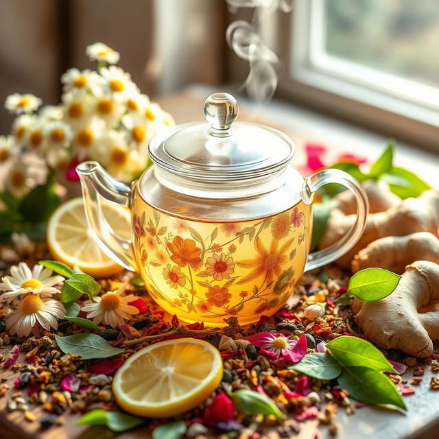 A beautifully arranged display of a wellness tea blend, with vibrant colors showcasing various ingredients like dried herbs, flowers, and fruits