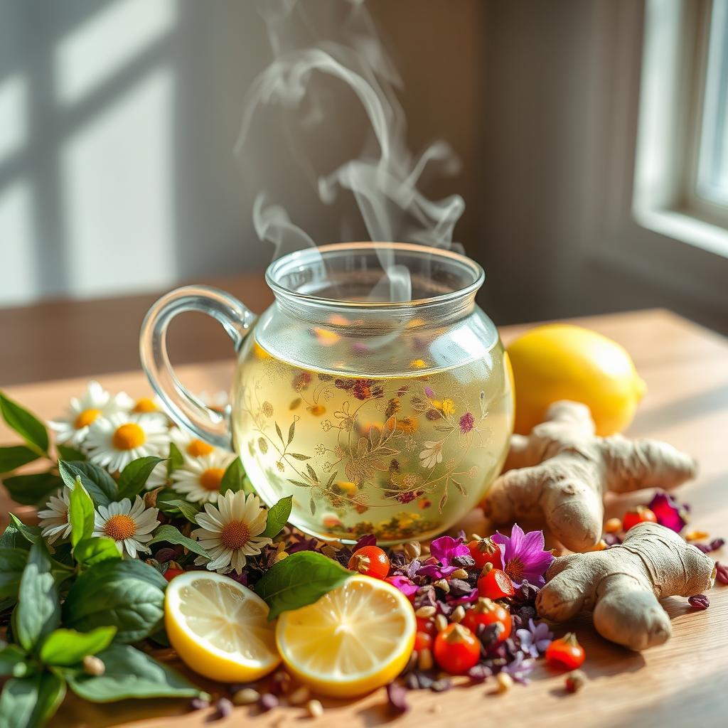 A beautifully arranged display of a wellness tea blend, with vibrant colors showcasing various ingredients like dried herbs, flowers, and fruits