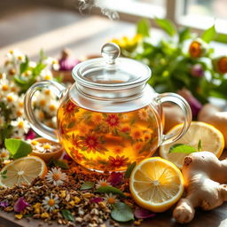 A beautifully arranged display of a wellness tea blend, with vibrant colors showcasing various ingredients like dried herbs, flowers, and fruits