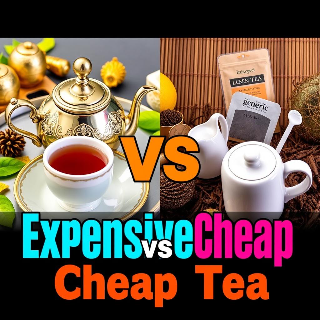 A visually engaging YouTube thumbnail illustrating the contrast between expensive tea and cheap tea