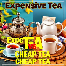 A visually engaging YouTube thumbnail illustrating the contrast between expensive tea and cheap tea