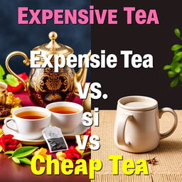 A visually engaging YouTube thumbnail illustrating the contrast between expensive tea and cheap tea