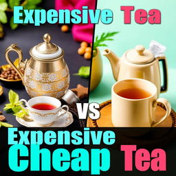 A visually engaging YouTube thumbnail illustrating the contrast between expensive tea and cheap tea
