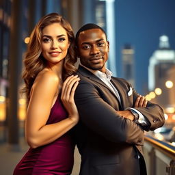 A sexy woman with alluring features, wearing an elegant dress that highlights her curves, posed confidently beside a strong, muscular black man in a tailored suit