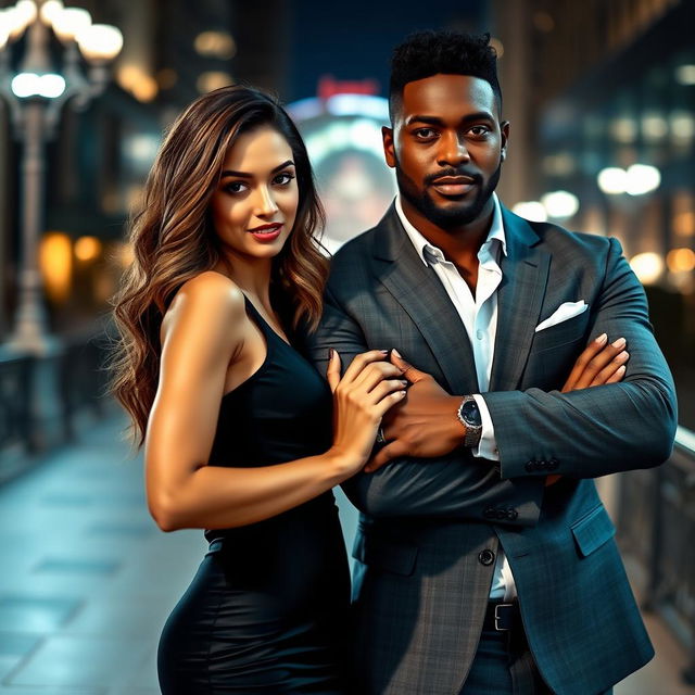 A sexy woman with alluring features, wearing an elegant dress that highlights her curves, posed confidently beside a strong, muscular black man in a tailored suit