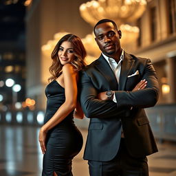 A sexy woman with alluring features, wearing an elegant dress that highlights her curves, posed confidently beside a strong, muscular black man in a tailored suit