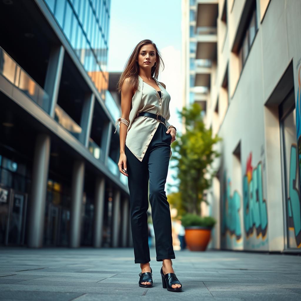 A tall, slim figure standing confidently in a stylish urban environment, wearing a fashionable outfit