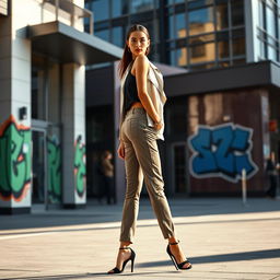 A tall, slim figure standing confidently in a stylish urban environment, wearing a fashionable outfit