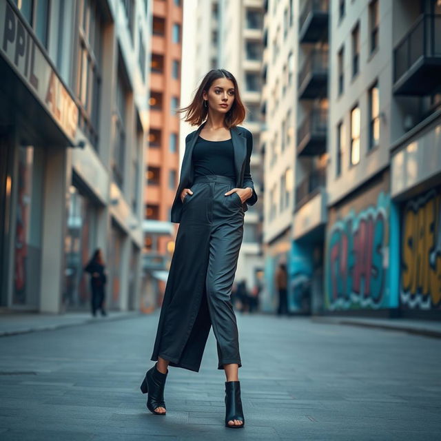 A tall, slim figure standing confidently in a stylish urban environment, wearing a fashionable outfit