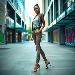 A tall, slim figure standing confidently in a stylish urban environment, wearing a fashionable outfit